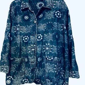 Vintage Krazy Kat Blue Floral Jean Jacket Silver Metal Buttons Women’s Size XL